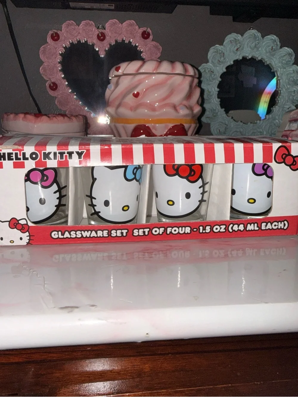 Hello Kitty Shot Glass Set of 4 - Cute White Face Design with Multi Colored Bows